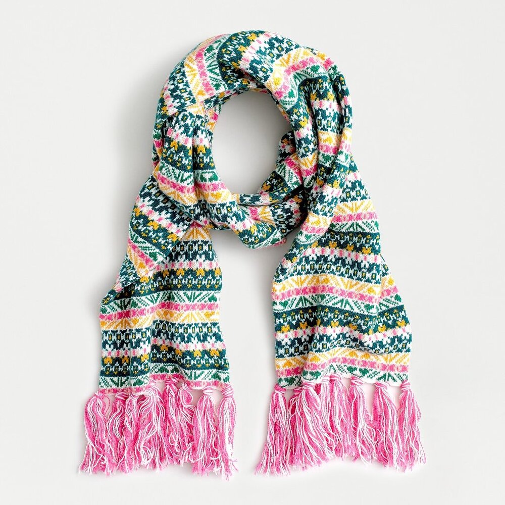 J.Crew AF063 Pink Green Fair Isle Wool-blend Nordic geometric scarf